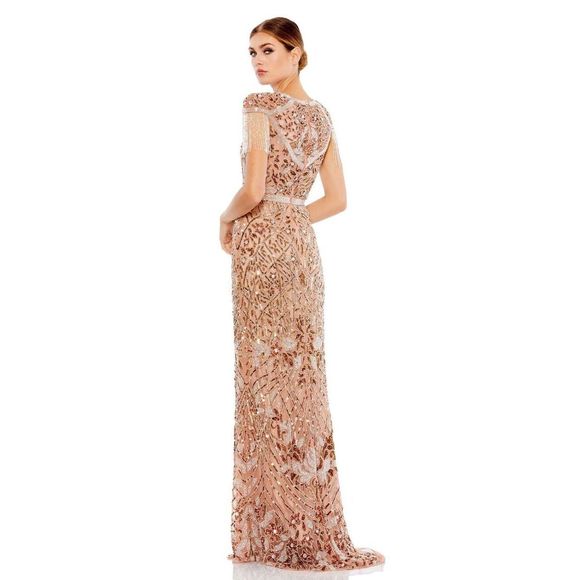 Mac Duggal Embellished Fringe Cap Sleeve Trumpet Gown In Platinum - Picture 3 of 10